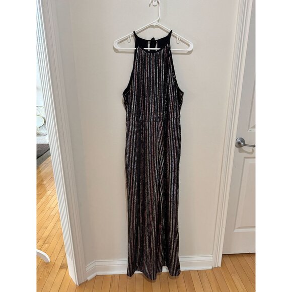 Maeve By Anthropologie Black Multi-Color Sequin Striped Halter Jumpsuit Size 12P - Picture 2 of 10